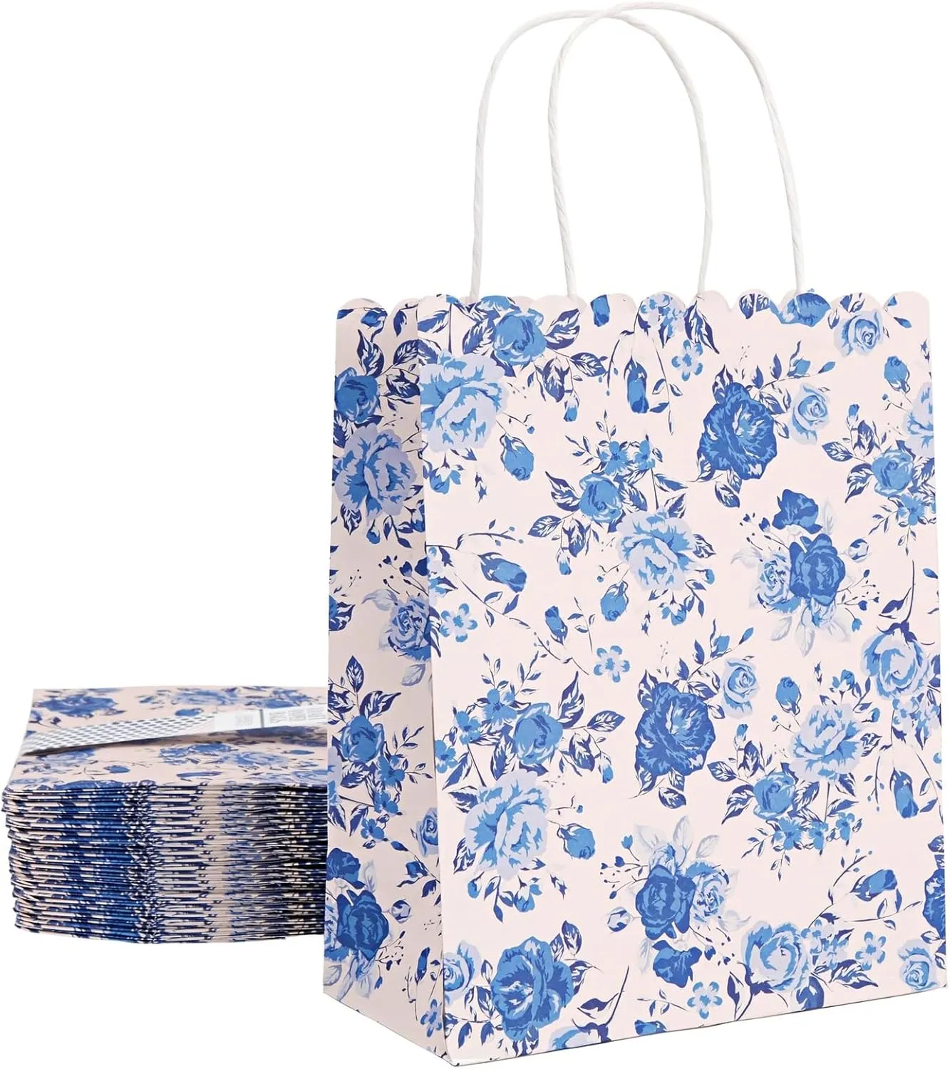 Sparkle and Bash 24-Pack Floral Gift Bags with Handles for Birthdays, Weddings, Bridal or Baby Showers - Rose Flower Print, Blue (8 x4x10 In)
