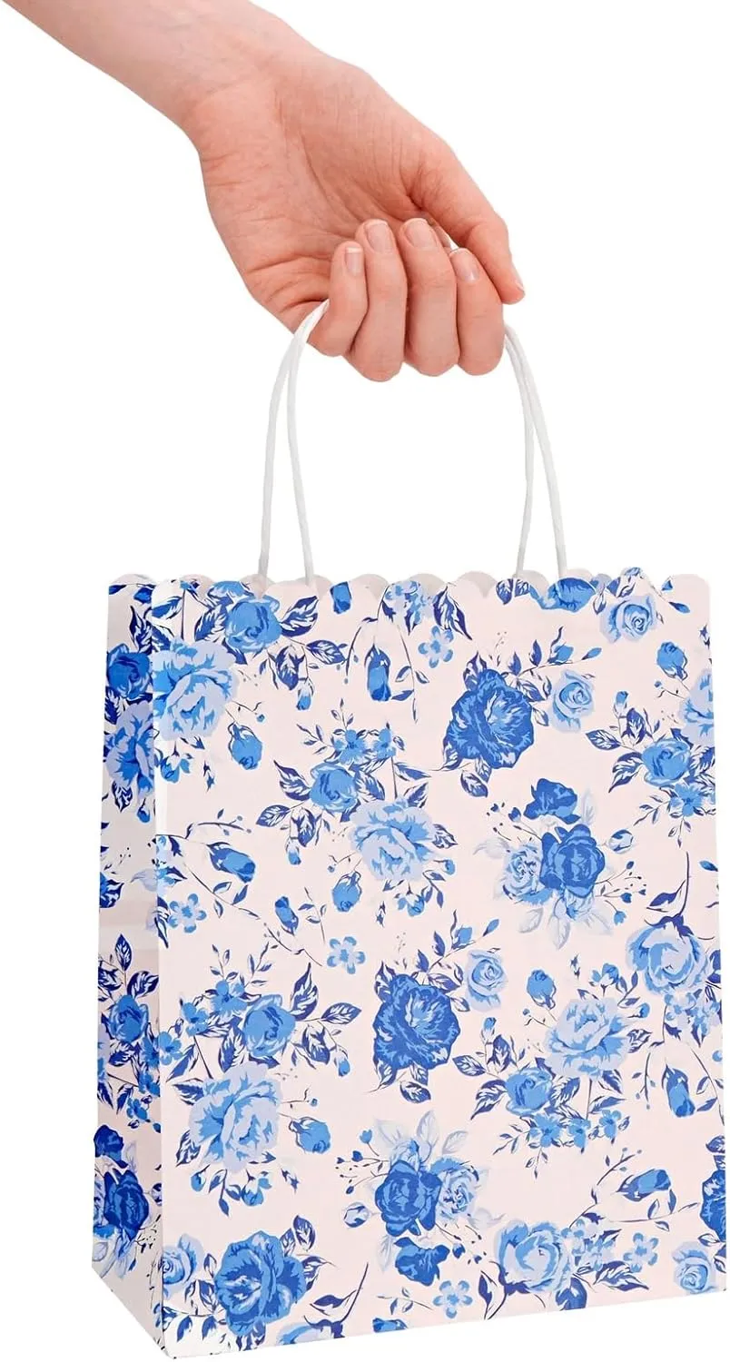 Sparkle and Bash 24-Pack Floral Gift Bags with Handles for Birthdays, Weddings, Bridal or Baby Showers - Rose Flower Print, Blue (8 x4x10 In)