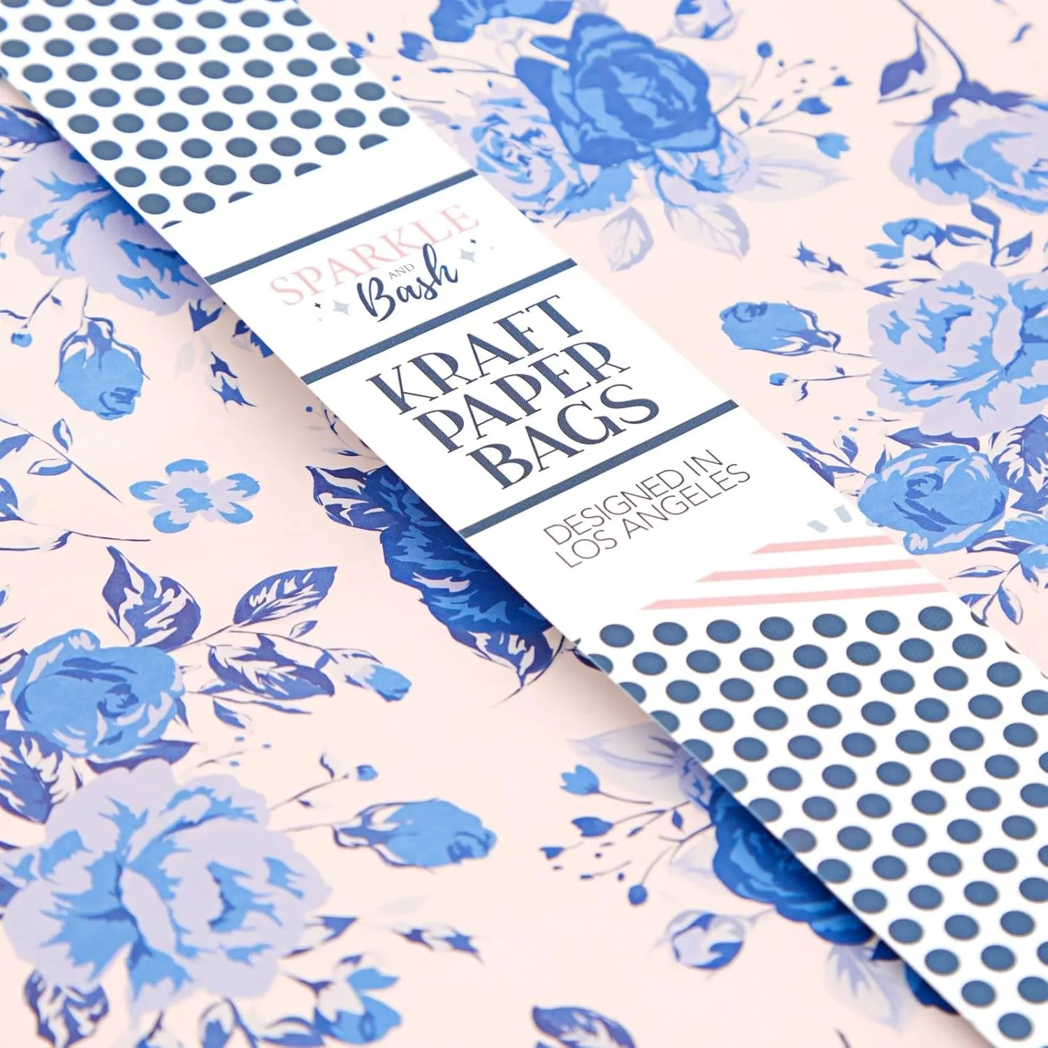 Sparkle and Bash 24-Pack Floral Gift Bags with Handles for Birthdays, Weddings, Bridal or Baby Showers - Rose Flower Print, Blue (8 x4x10 In)