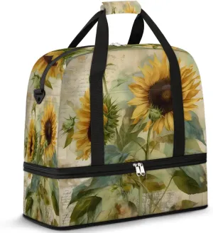 Sports Duffel Bag, Foldable Sunflower Old Paper Rustic Travel Duffel Bag, Gym Yoga Beach Bag Weekender Overnight Bag with Shoes Compartment for Men Women, Farmhouse