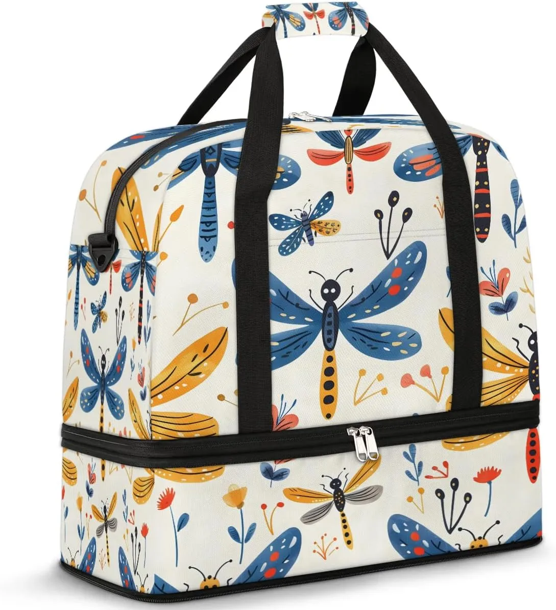 Sports Duffel Bag, Foldable Wildflower Dragonflies Travel Duffel Bag, Gym Yoga Beach Bag Weekender Overnight Bag with Shoes Compartment for Men Women, Rustic Dragonfly