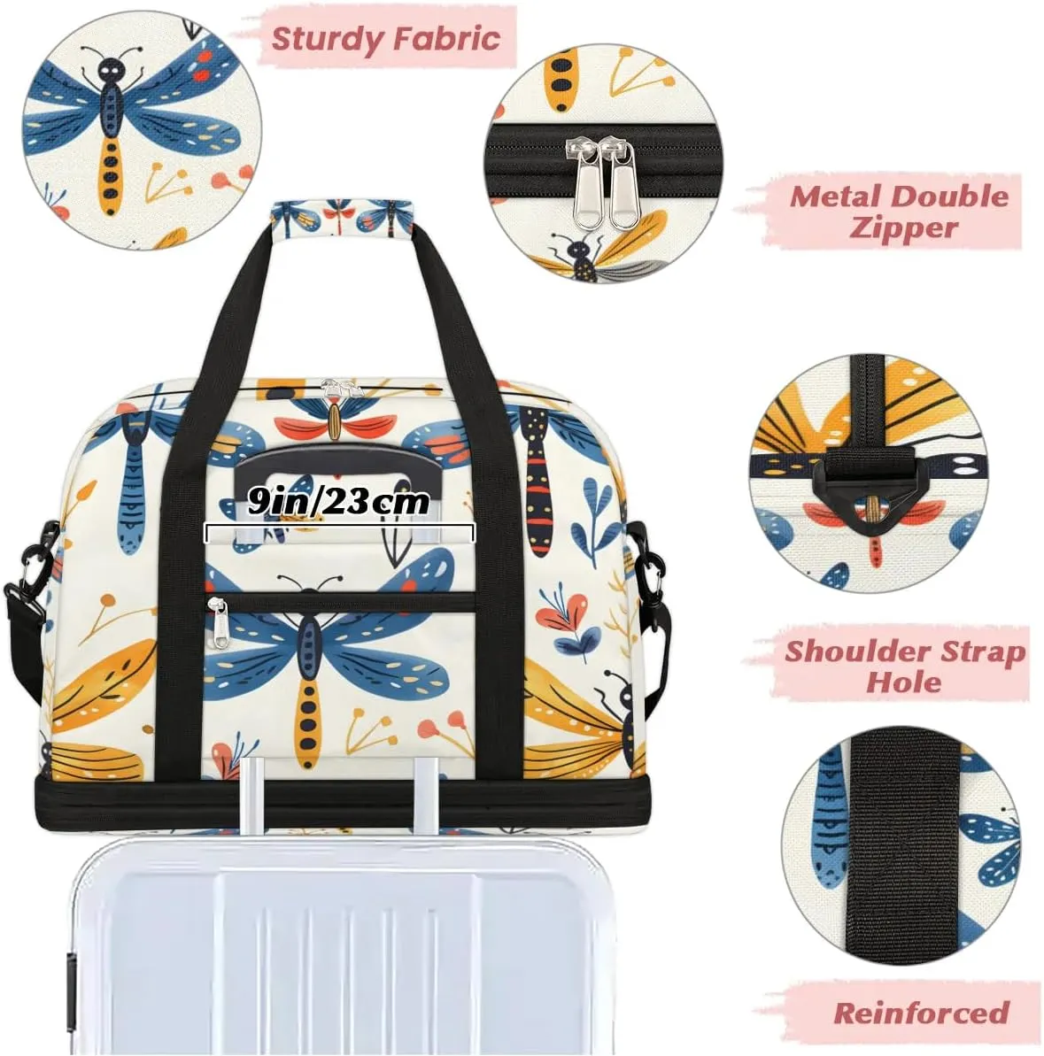Sports Duffel Bag, Foldable Wildflower Dragonflies Travel Duffel Bag, Gym Yoga Beach Bag Weekender Overnight Bag with Shoes Compartment for Men Women, Rustic Dragonfly