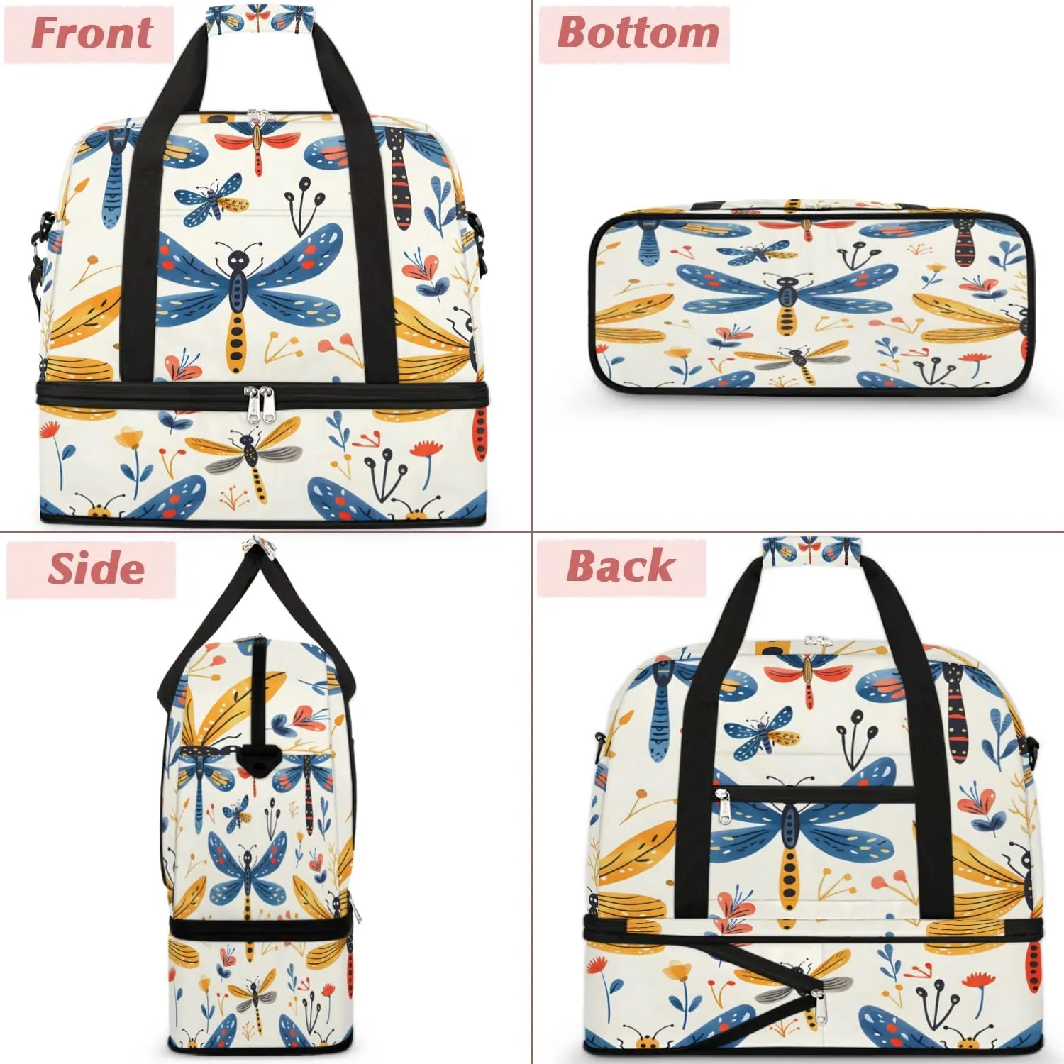 Sports Duffel Bag, Foldable Wildflower Dragonflies Travel Duffel Bag, Gym Yoga Beach Bag Weekender Overnight Bag with Shoes Compartment for Men Women, Rustic Dragonfly