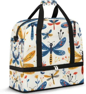 Sports Duffel Bag, Foldable Wildflower Dragonflies Travel Duffel Bag, Gym Yoga Beach Bag Weekender Overnight Bag with Shoes Compartment for Men Women, Rustic Dragonfly