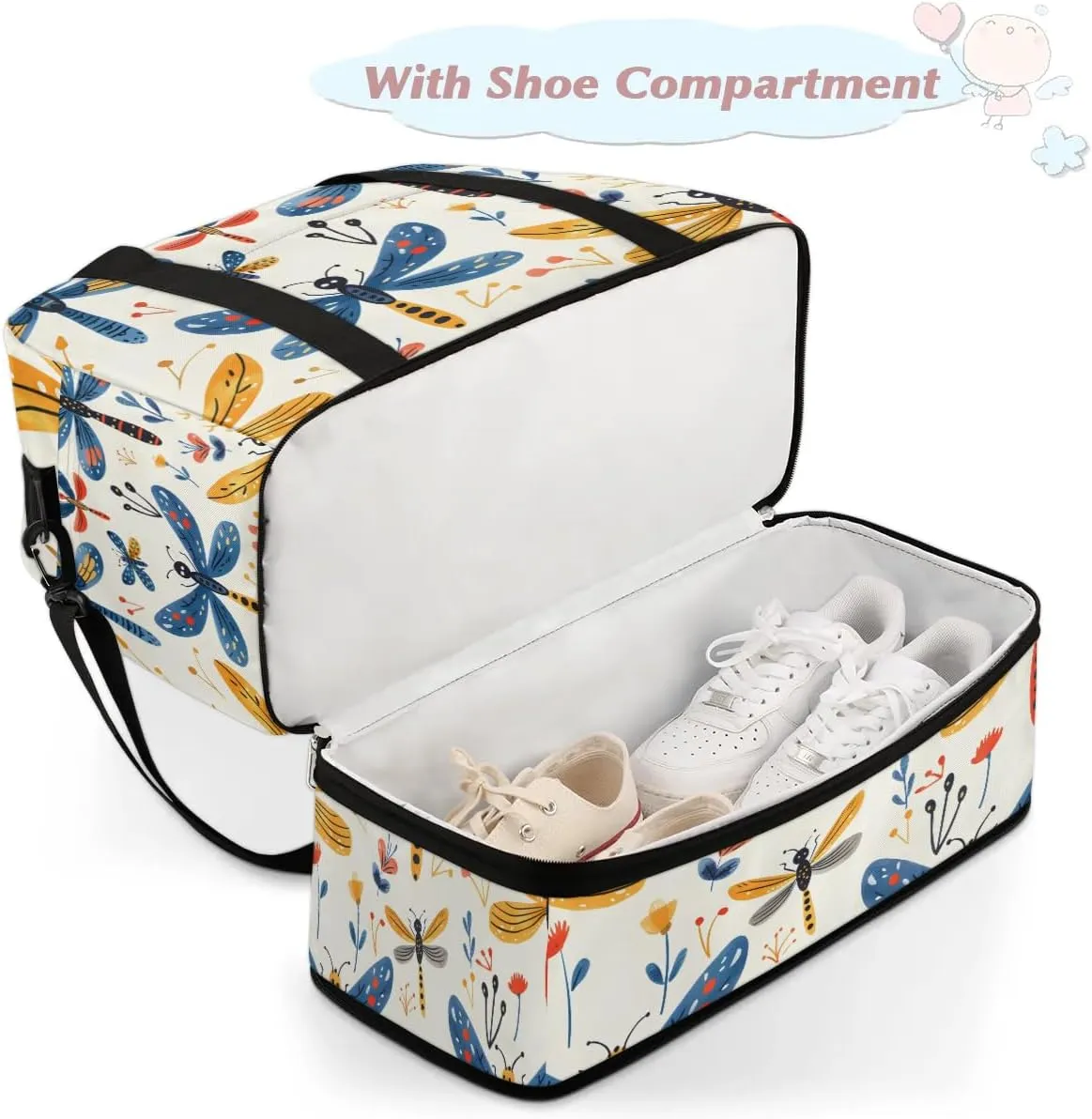 Sports Duffel Bag, Foldable Wildflower Dragonflies Travel Duffel Bag, Gym Yoga Beach Bag Weekender Overnight Bag with Shoes Compartment for Men Women, Rustic Dragonfly