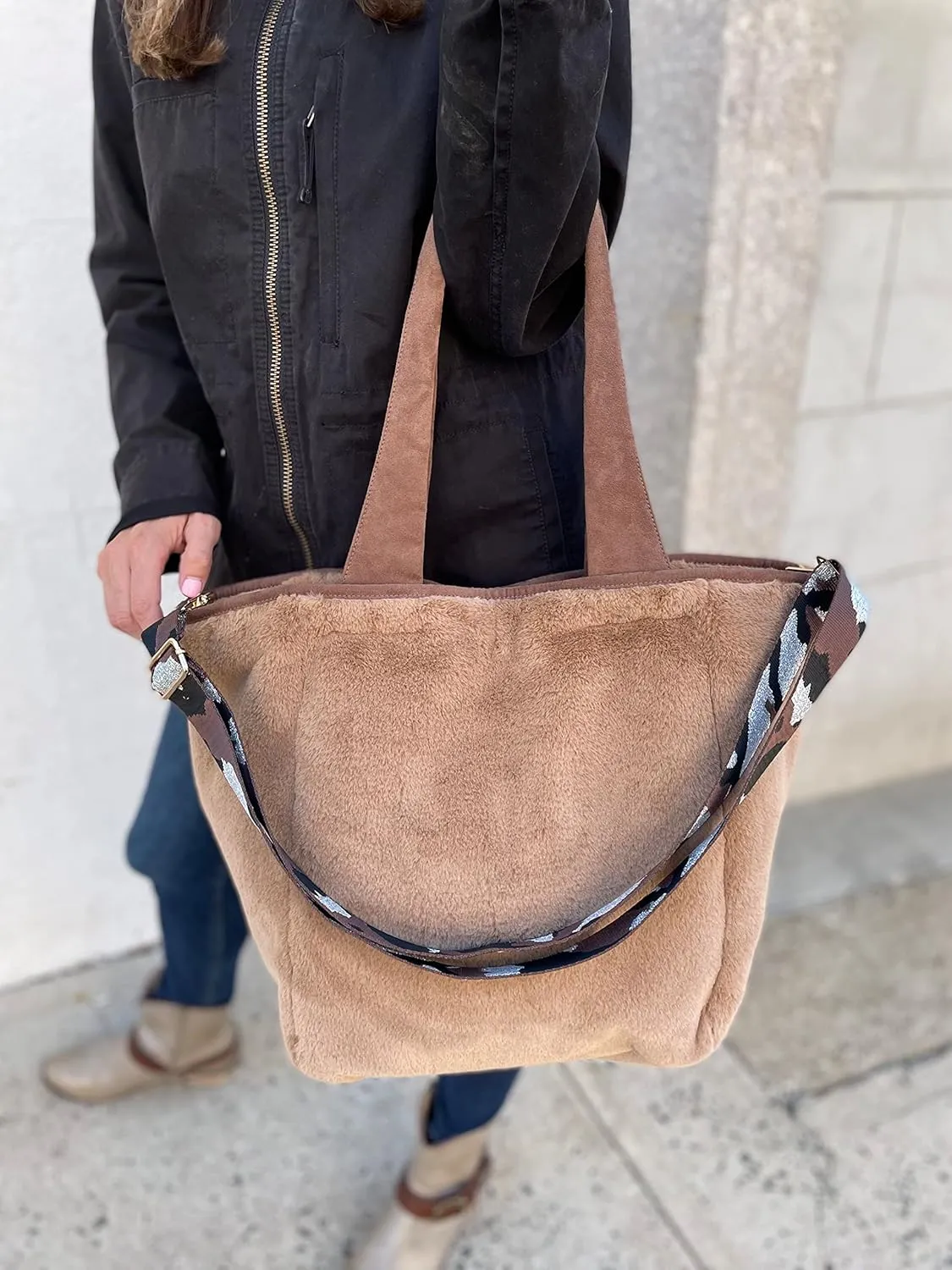 Sprigs Casual Shoulder Bag for Women - Trendy Plush Faux Fur Tote Bag with Detachable Guitar Strap Magnetic Closure & Pockets