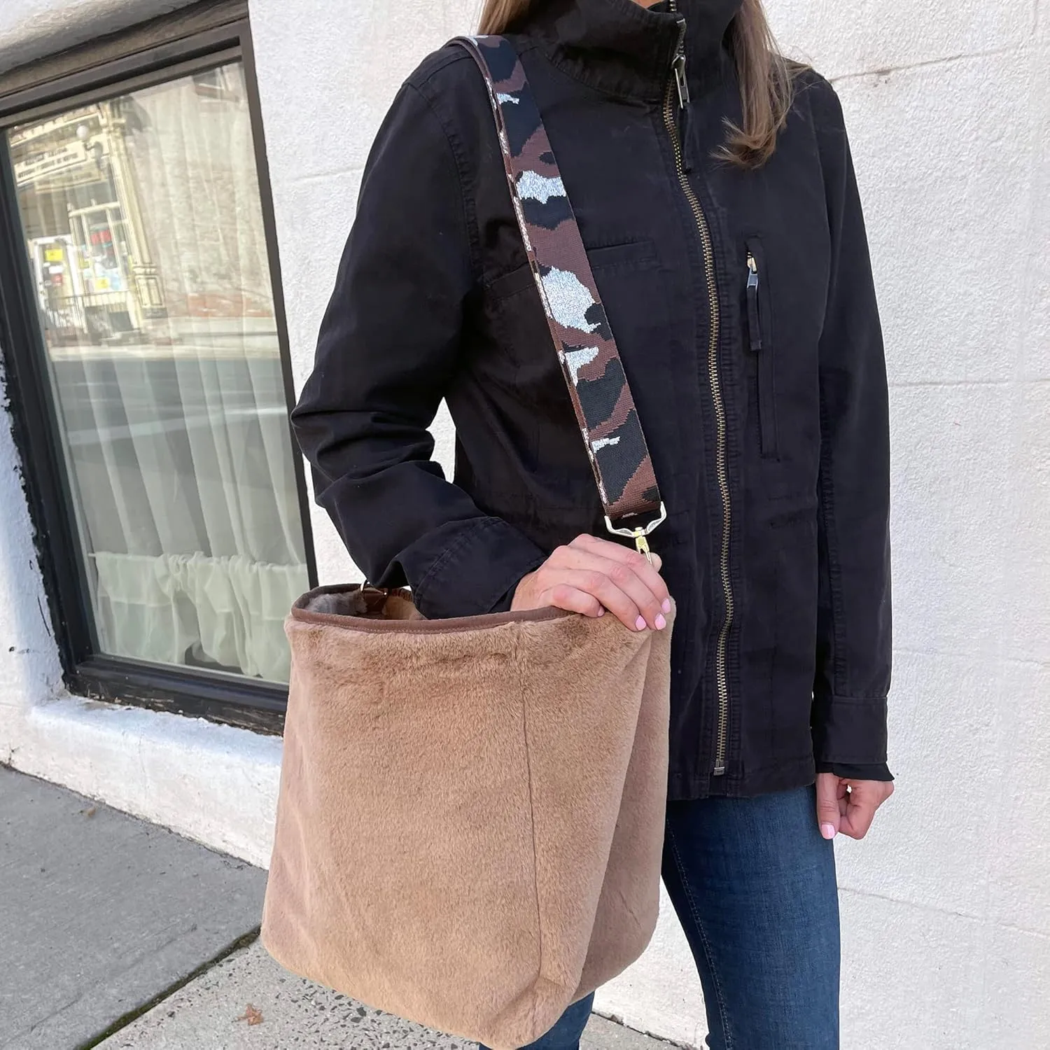 Sprigs Casual Shoulder Bag for Women - Trendy Plush Faux Fur Tote Bag with Detachable Guitar Strap Magnetic Closure & Pockets