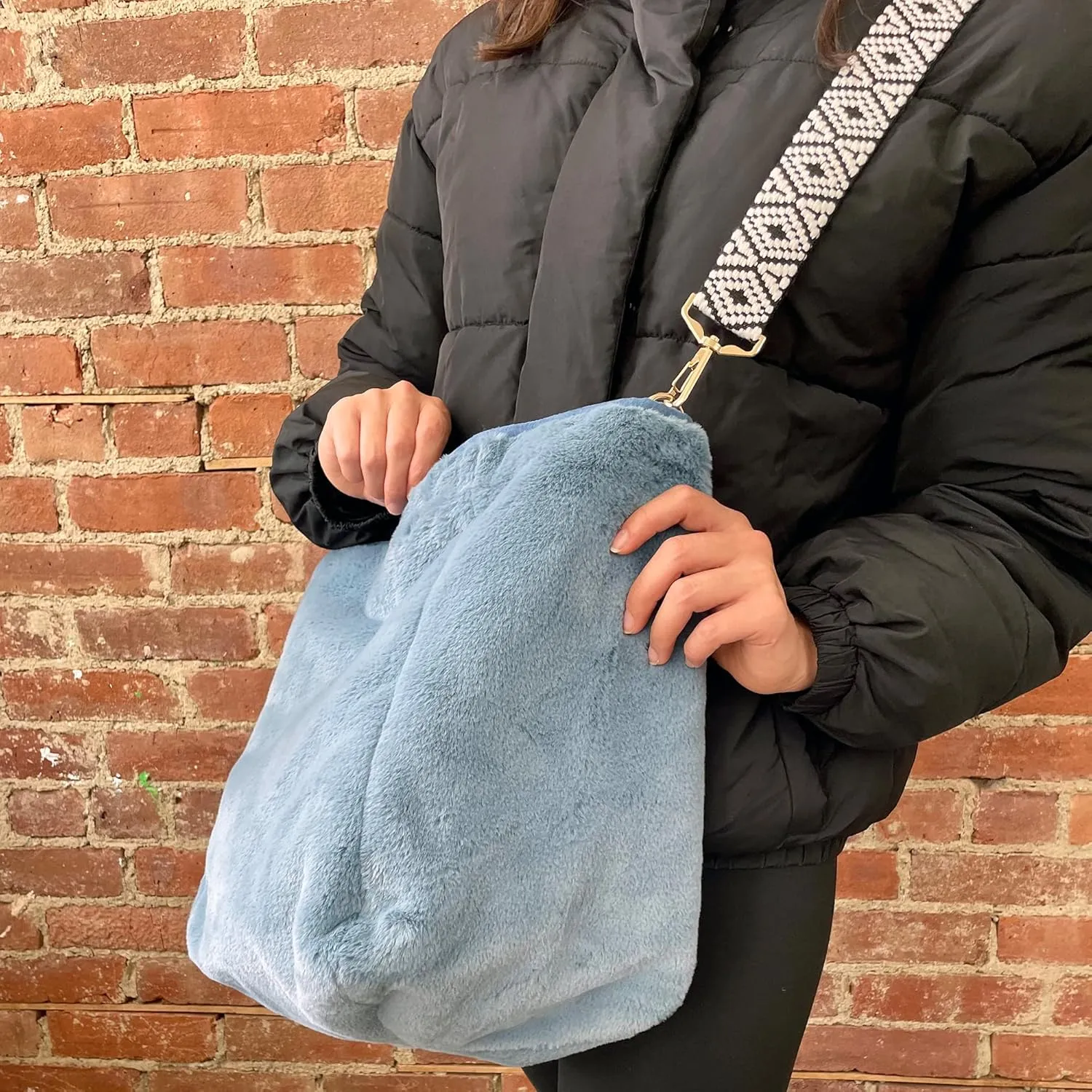 Sprigs Casual Shoulder Bag for Women - Trendy Plush Faux Fur Tote Bag with Detachable Guitar Strap Magnetic Closure & Pockets
