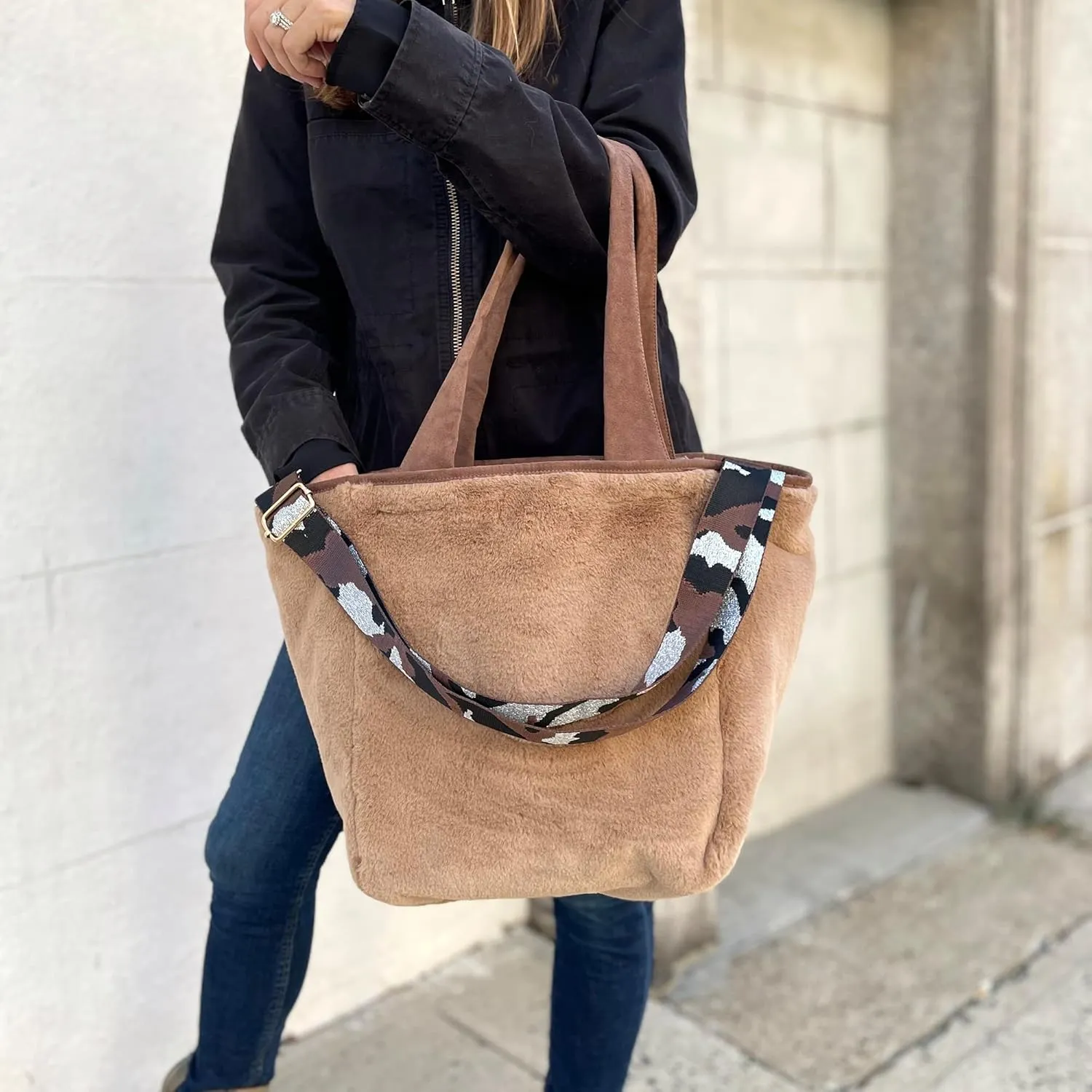 Sprigs Casual Shoulder Bag for Women - Trendy Plush Faux Fur Tote Bag with Detachable Guitar Strap Magnetic Closure & Pockets