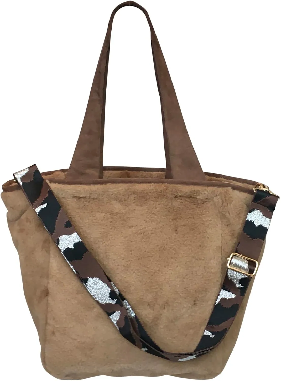 Sprigs Casual Shoulder Bag for Women - Trendy Plush Faux Fur Tote Bag with Detachable Guitar Strap Magnetic Closure & Pockets