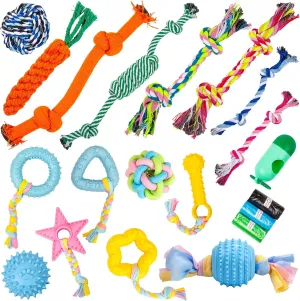 Squeaky Dog Toys for Puppy Small Stuffed Toys with Rubber Toys in Bulk Plush Dog Toy Safe Fetch Chew Toys Pack for Chewing and Teething (20 pcs Silicone Cotton Poop Bags)