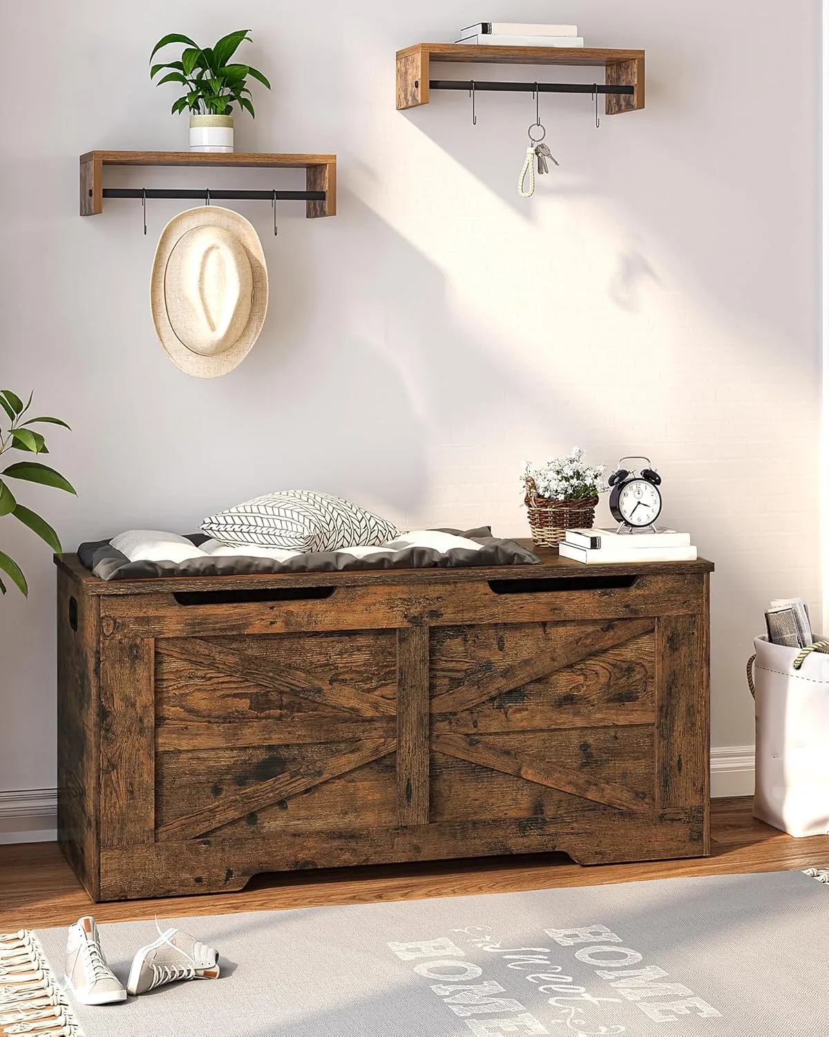 Storage Bench, Wooden Storage Trunk - 39.4" Lift-Top Storage Organizer with 2 Safety Hinges, Shoe Bench for Entryway, Bedroom, Living Room, Rustic Brown