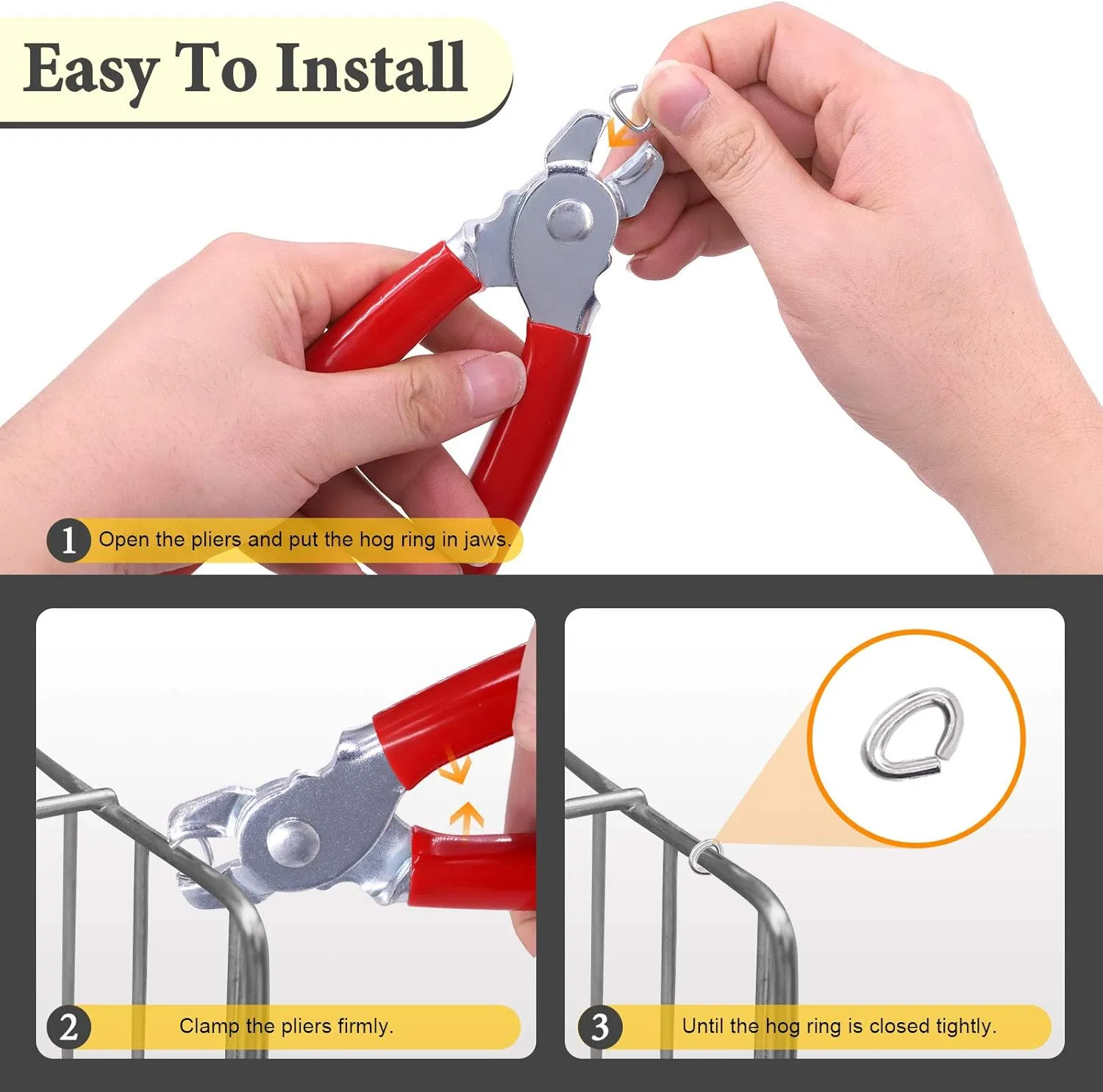 Straight Hog Ring Pliers Set with 360 Pcs Galvanized Hog Rings, 3/8", 3/4", 1/2" Hog Ring Upholstery Installation Kit for Fencing,Bagging, Railing, Sausage Casing, Meat bags, Shock Cords