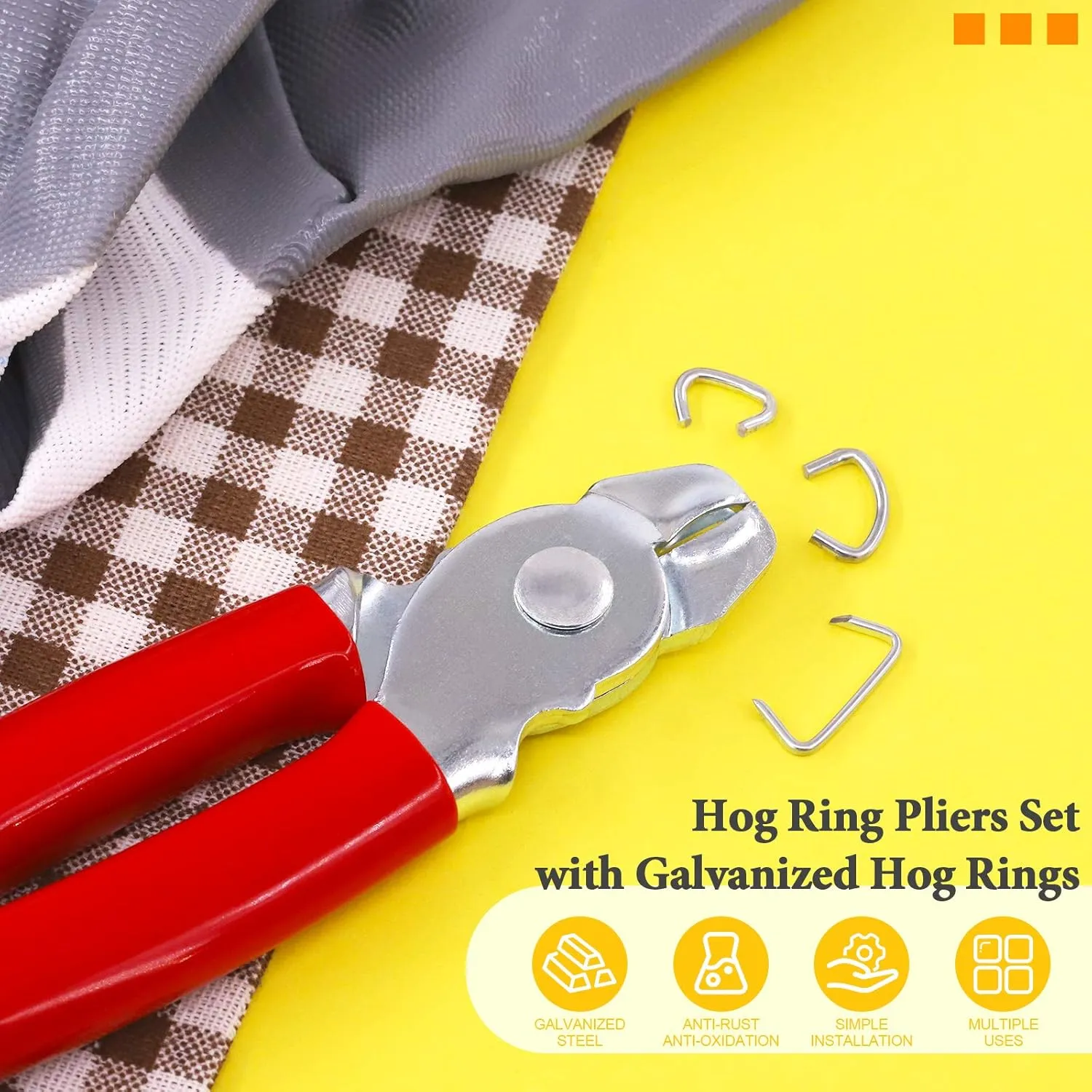 Straight Hog Ring Pliers Set with 360 Pcs Galvanized Hog Rings, 3/8", 3/4", 1/2" Hog Ring Upholstery Installation Kit for Fencing,Bagging, Railing, Sausage Casing, Meat bags, Shock Cords