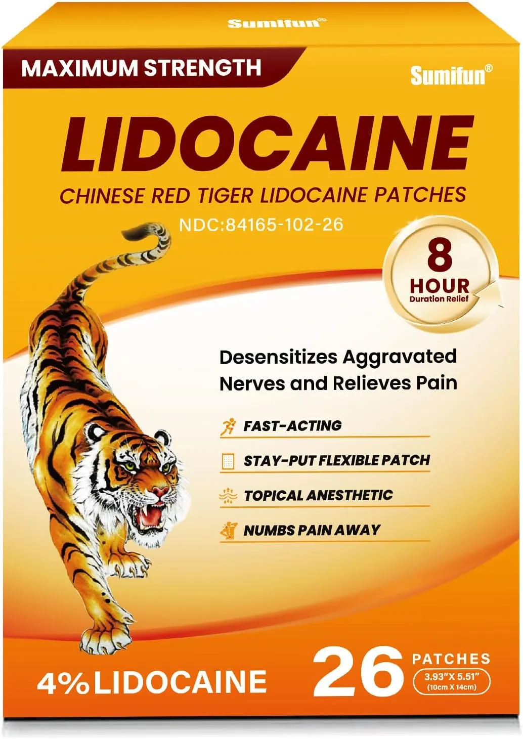 Sumifun 4% Lidocaine Pain Relief Patches,26 Count-Chinese Red Tiger Lidocaine Patches Maximum Strength Gel Patch for Muscule Sore Simple Backaches Joint Pain Topical Analgesic Odor Free