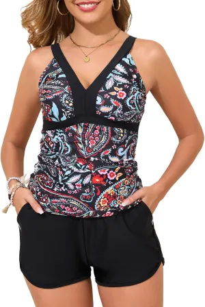 Summer Mae Color Block Tankini Swimsuits for Women 2025 with Side Pockets Sporty Swim Shorts Two Piece Bathing Suits