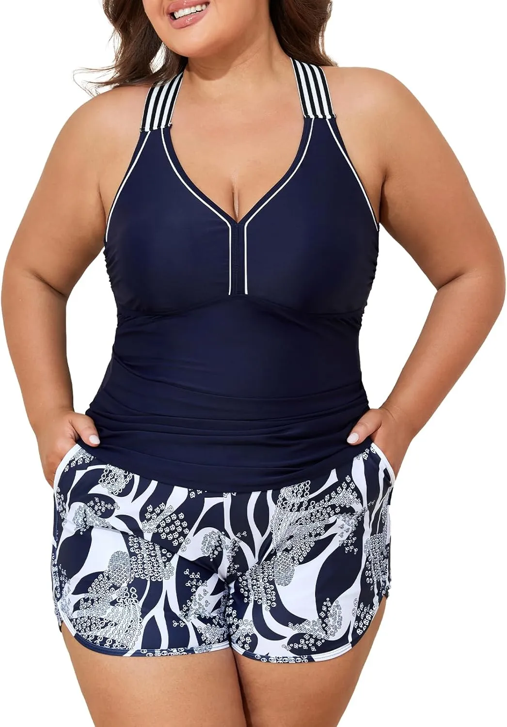 Summer Mae Plus Size Tankini Swimsuits for Women Two Piece Bathing Suits with Sporty Pockets Boy Shorts