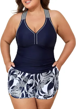 Summer Mae Plus Size Tankini Swimsuits for Women Two Piece Bathing Suits with Sporty Pockets Boy Shorts