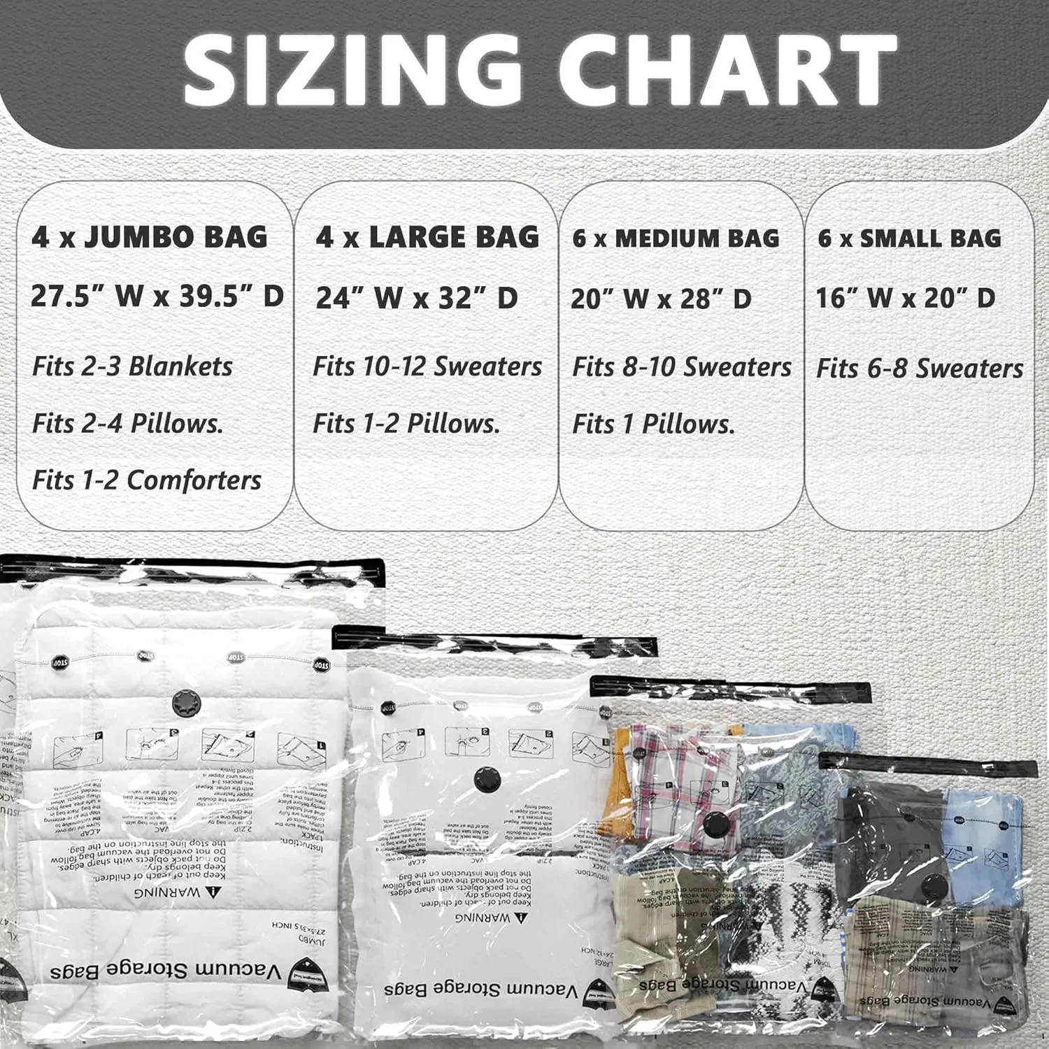 SUOCO 10 Jumbo Vacuum Storage Bags with Electric Pump, Travel Clothes Space Saver Bags, Compression Airtight Seal Bags for Clothing, Pillows, Comforters, Blankets