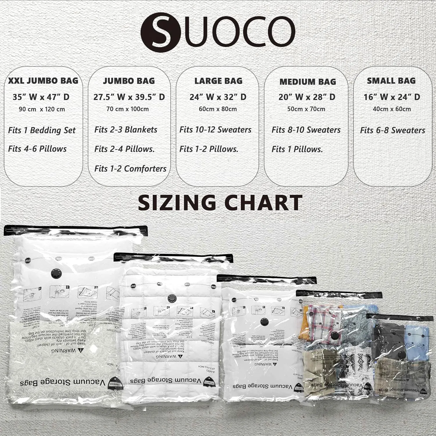 SUOCO 14 Combo Vacuum Storage Bags with Electric Pump, (4 Jumbo, 4 Large, 3 Medium, 3 Small) Travel Clothes Space Saver Bags, Compression Airtight Seal Bags for Clothing, Pillows, Comforters, Blankets