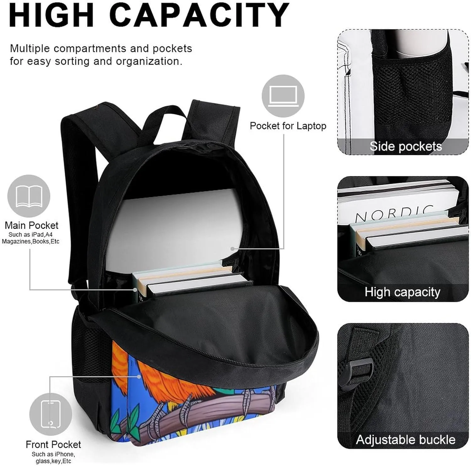 Supdreamc Shoulder Book Bags Sets, Rucksack   Lunch Bag   Pencil Case for Hiking Travel Cycling, Loquacious Birds Blue Art Camping Outdoor Backpack for Adults