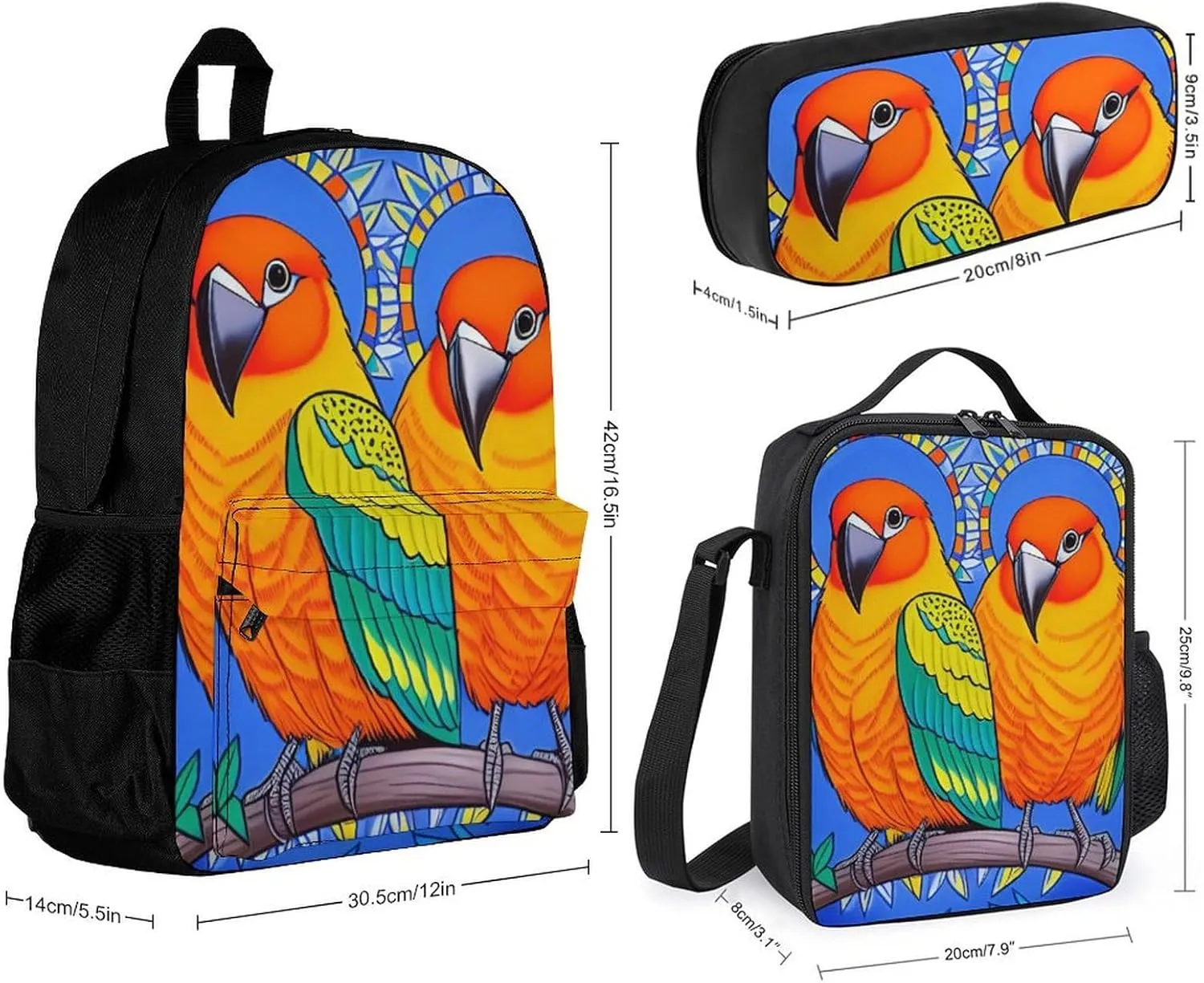 Supdreamc Shoulder Book Bags Sets, Rucksack   Lunch Bag   Pencil Case for Hiking Travel Cycling, Loquacious Birds Blue Art Camping Outdoor Backpack for Adults