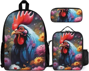 Supdreamc Travel Hiking Daypack 3 Piece Daypack Sets Shoulder Bag Big Capacity Rucksacks Chicken Rooster Garden Flowers Painting Shoulder Book Bags for Adult