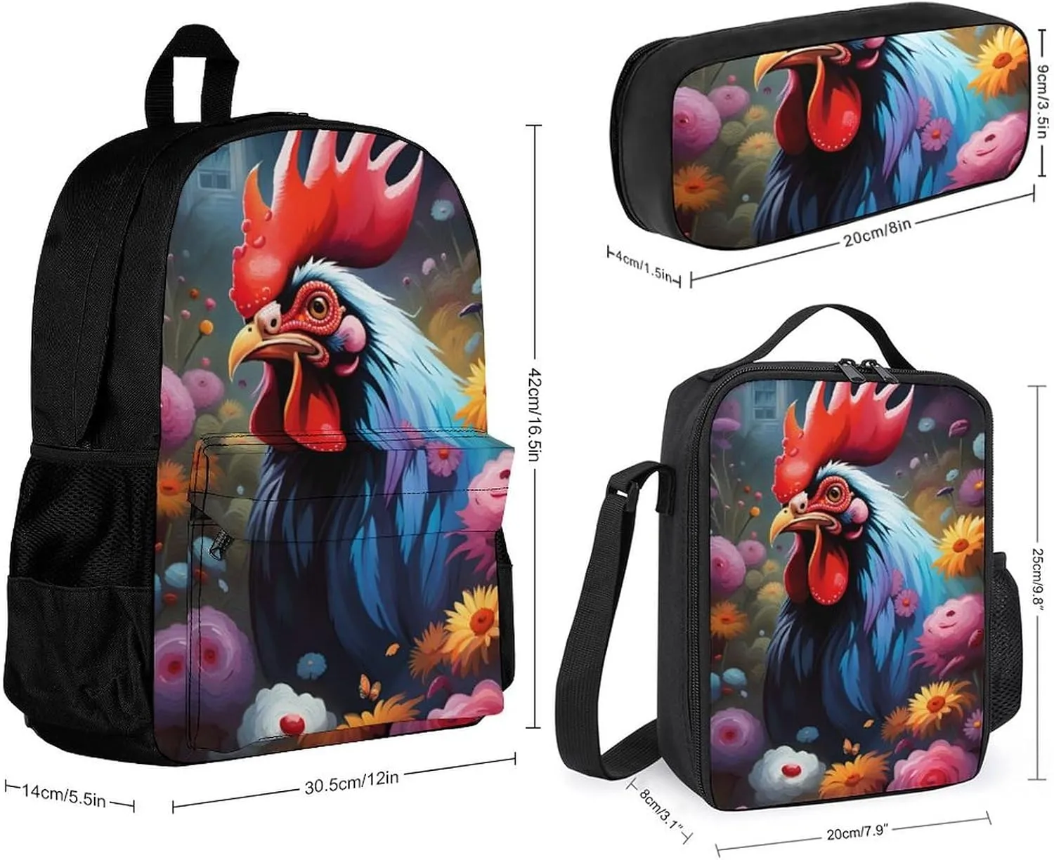 Supdreamc Travel Hiking Daypack 3 Piece Daypack Sets Shoulder Bag Big Capacity Rucksacks Chicken Rooster Garden Flowers Painting Shoulder Book Bags for Adult