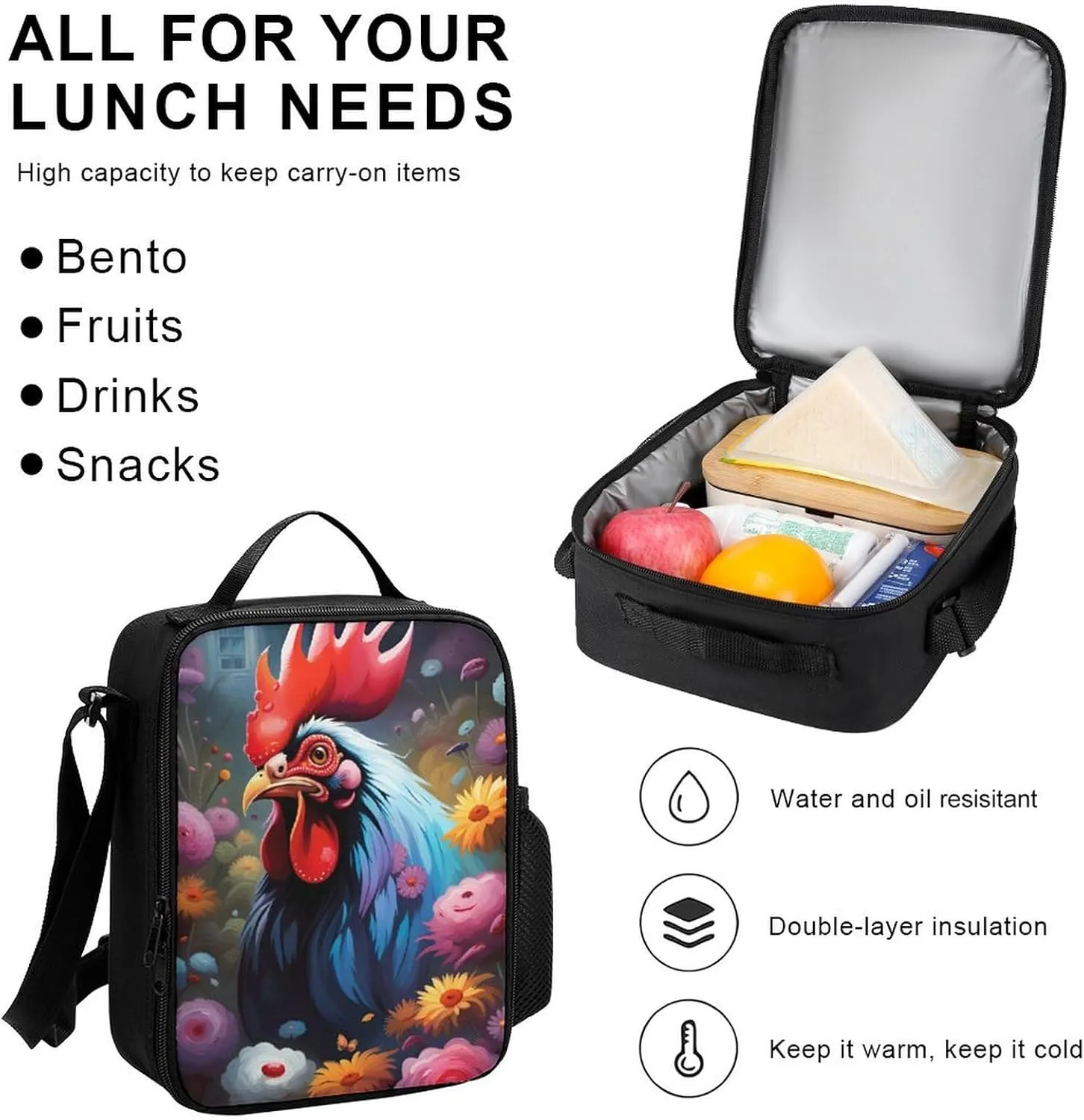 Supdreamc Travel Hiking Daypack 3 Piece Daypack Sets Shoulder Bag Big Capacity Rucksacks Chicken Rooster Garden Flowers Painting Shoulder Book Bags for Adult