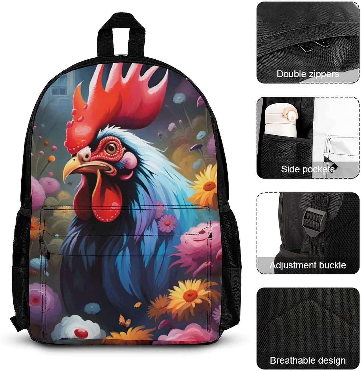 Supdreamc Travel Hiking Daypack 3 Piece Daypack Sets Shoulder Bag Big Capacity Rucksacks Chicken Rooster Garden Flowers Painting Shoulder Book Bags for Adult