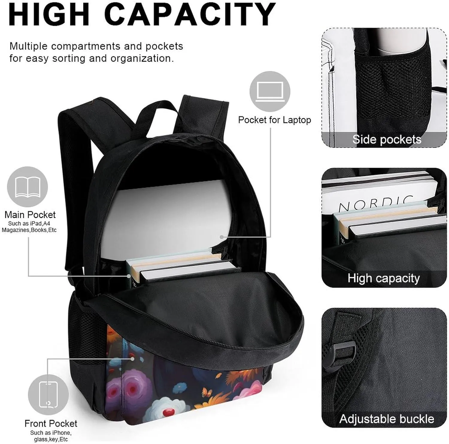 Supdreamc Travel Hiking Daypack 3 Piece Daypack Sets Shoulder Bag Big Capacity Rucksacks Chicken Rooster Garden Flowers Painting Shoulder Book Bags for Adult