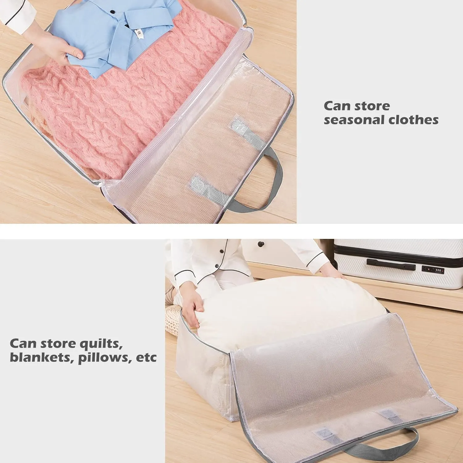 Surblue Clothes Storage Bag Organizer with Durable Handles Thick Fabric Extra Large Capacity Closet Bag for Blanket Comforter Clothing Bedding (Transparent, M)