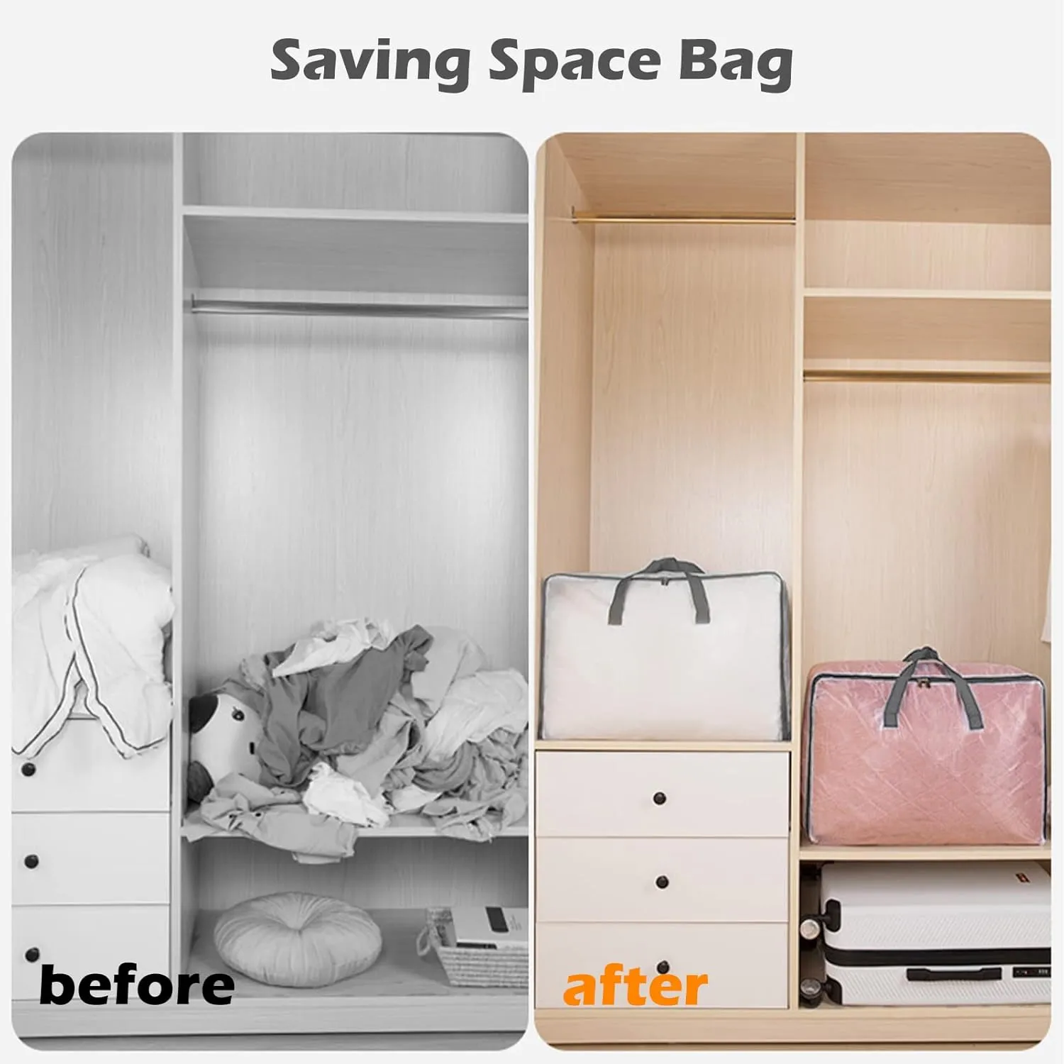 Surblue Clothes Storage Bag Organizer with Durable Handles Thick Fabric Extra Large Capacity Closet Bag for Blanket Comforter Clothing Bedding (Transparent, M)