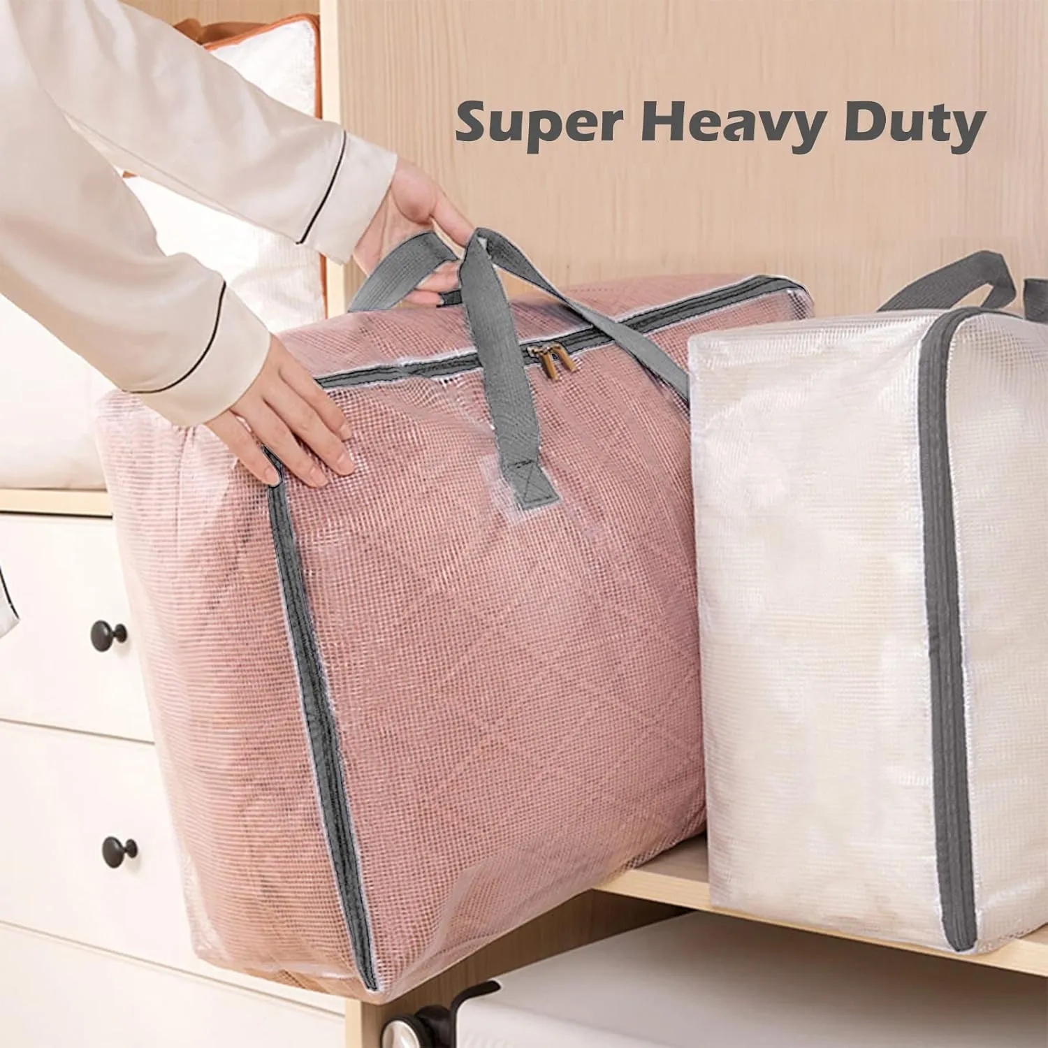 Surblue Clothes Storage Bag Organizer with Durable Handles Thick Fabric Extra Large Capacity Closet Bag for Blanket Comforter Clothing Bedding (Transparent, M)