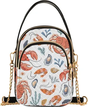 susiyo Sea Food Crab Mussels Crayfish Small Crossbody Bags Shoulder Bag for Women Multi Zipper Stylish Ladies Messenger Bags Phone Purse Handbag Wallet