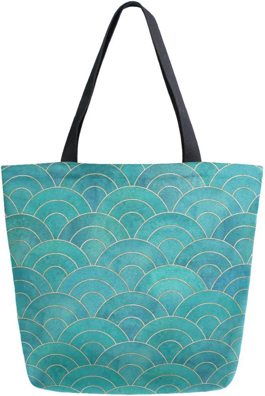 susiyo Teal Mermaid Fish Scale Wave Canvas Tote Bag with an Interior Zip Pocket, No-Zipper Closure Big Capacity Reusable Grocery Shopping Bag Work Bag Handbag for Women's & Girls Daily Essentials