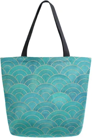 susiyo Teal Mermaid Fish Scale Wave Canvas Tote Bag with an Interior Zip Pocket, No-Zipper Closure Big Capacity Reusable Grocery Shopping Bag Work Bag Handbag for Women's & Girls Daily Essentials
