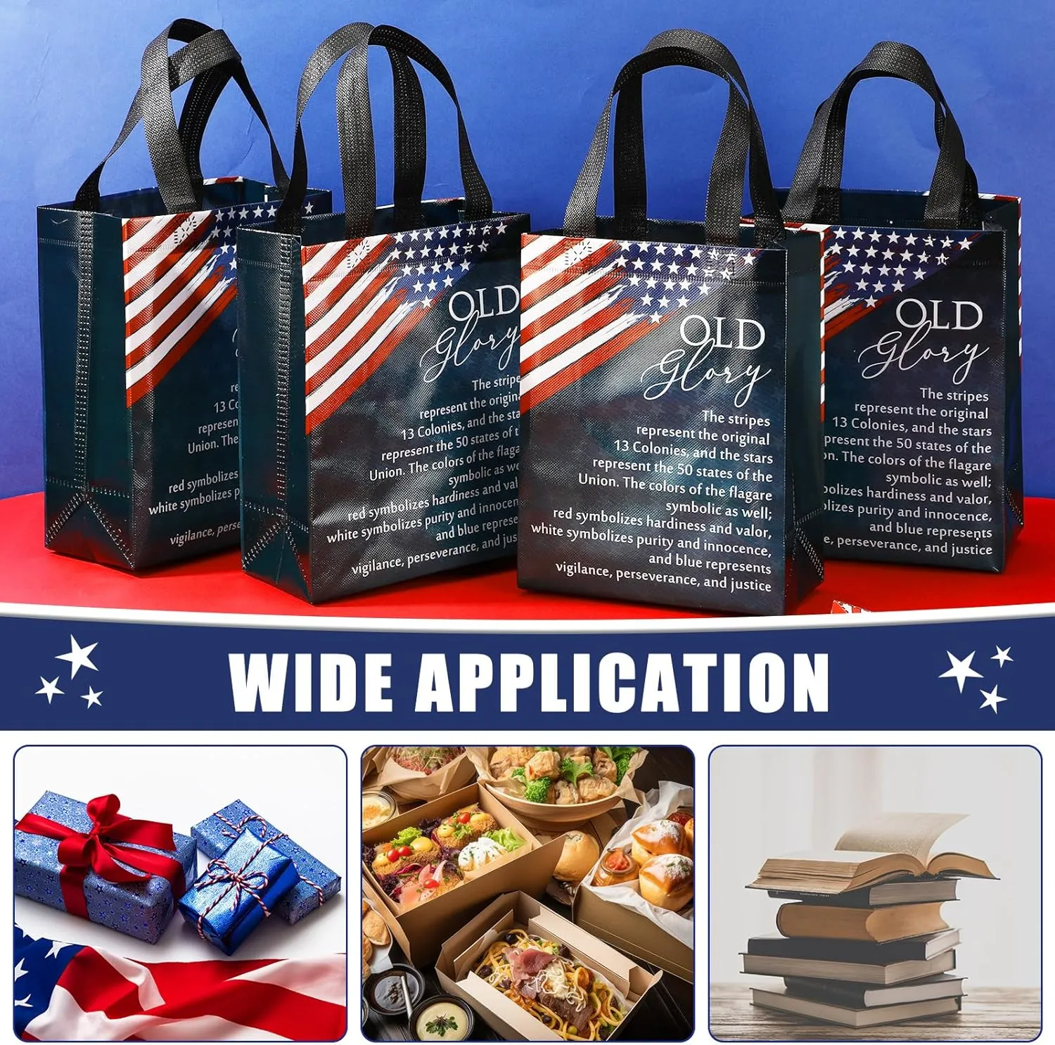 Sweetude 50 4th of July Memorial Day Gift Bulk American Flag Bags with Handle Patriotic Themed Bags Medium Size Souvenirs Gifts for Church Veteran Independence Day Party Decorations Favors