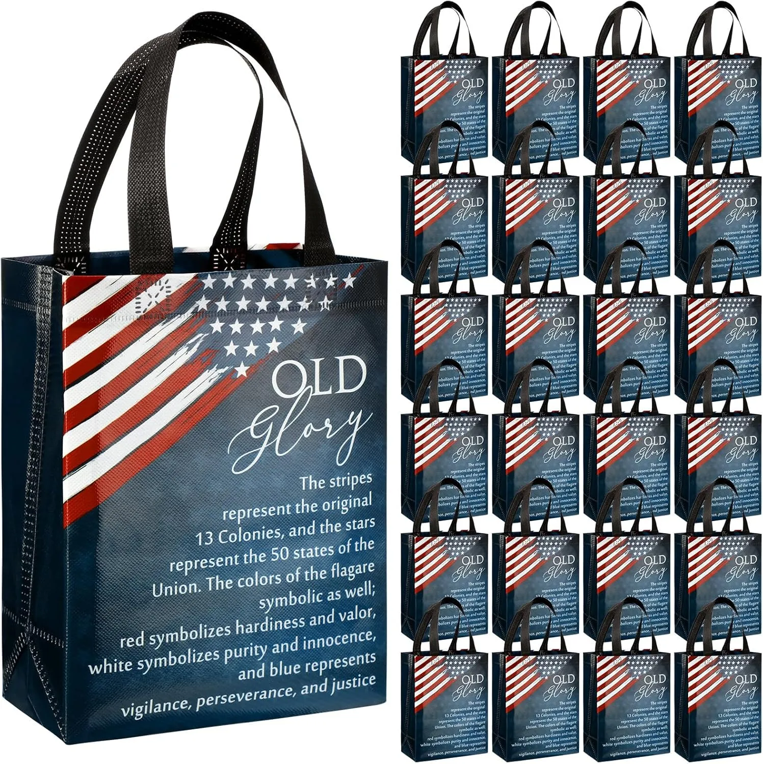 Sweetude 50 4th of July Memorial Day Gift Bulk American Flag Bags with Handle Patriotic Themed Bags Medium Size Souvenirs Gifts for Church Veteran Independence Day Party Decorations Favors