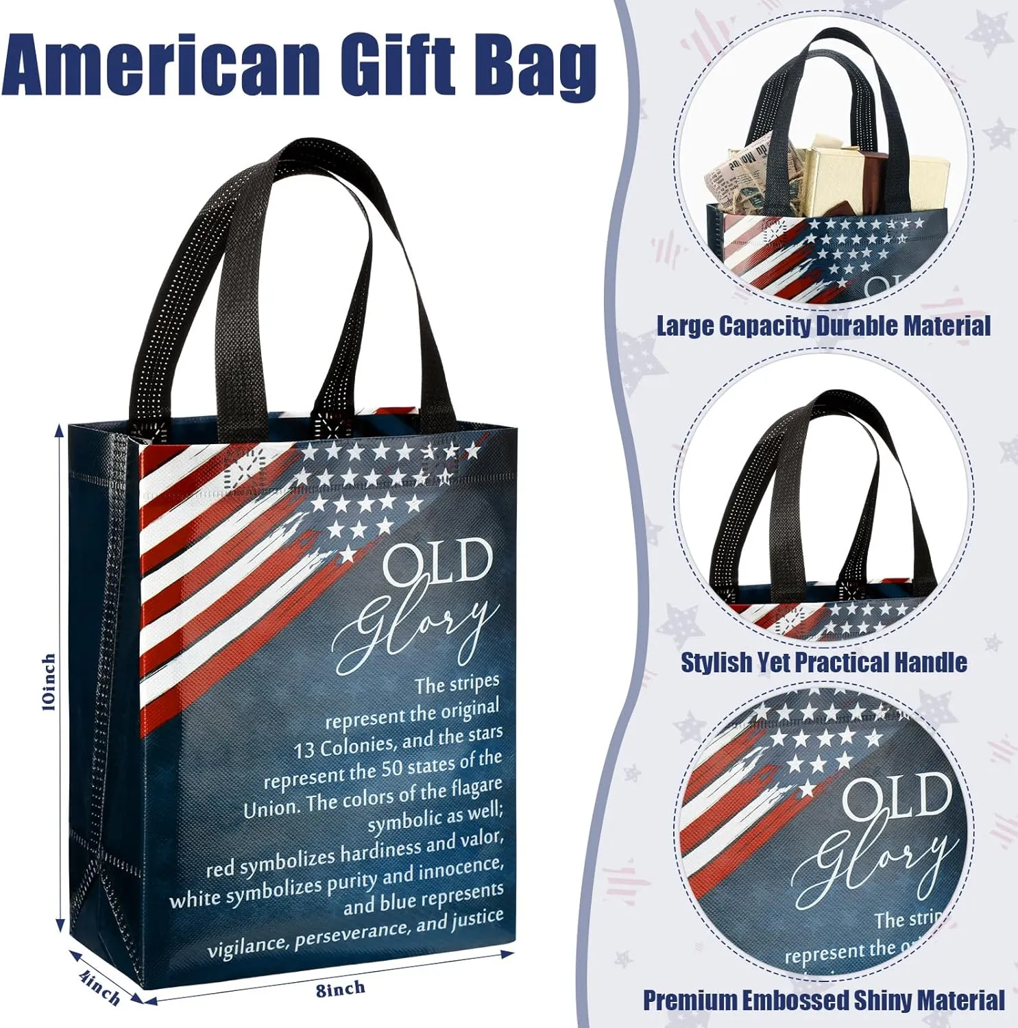 Sweetude 50 4th of July Memorial Day Gift Bulk American Flag Bags with Handle Patriotic Themed Bags Medium Size Souvenirs Gifts for Church Veteran Independence Day Party Decorations Favors