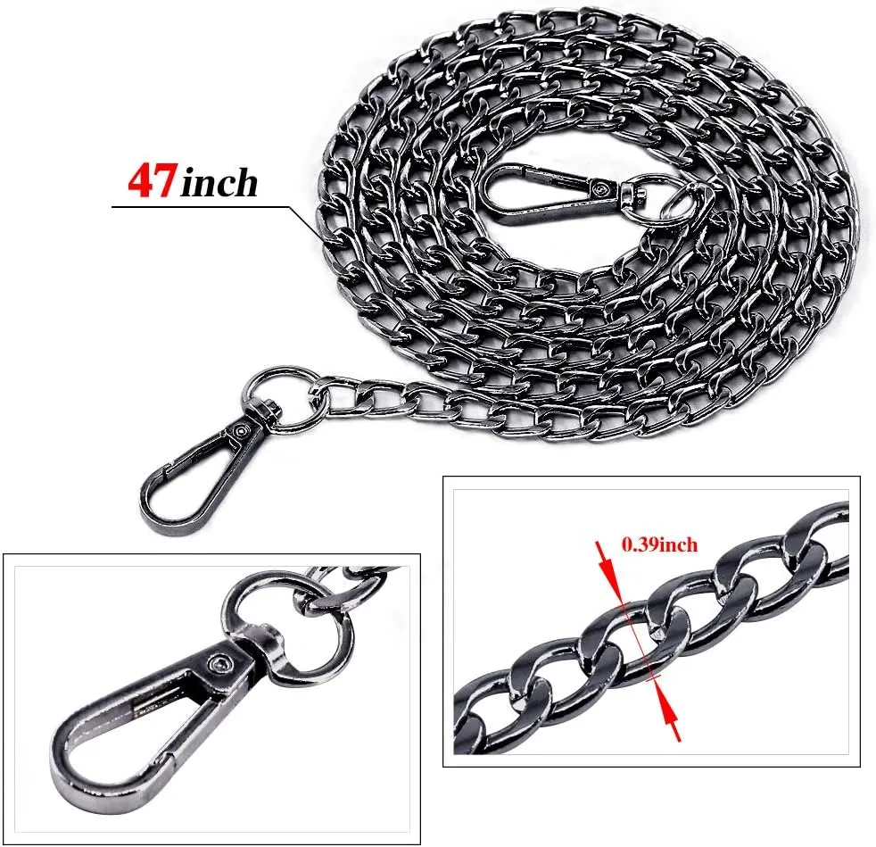 Swpeet 3Pcs Black Luxury Fashion 47 Inche Replacement Flat Chain Strap with Buckles Set, Perfect for DIY Metal Shoulder Cross Body Bag Hand Bag Purse Replacement
