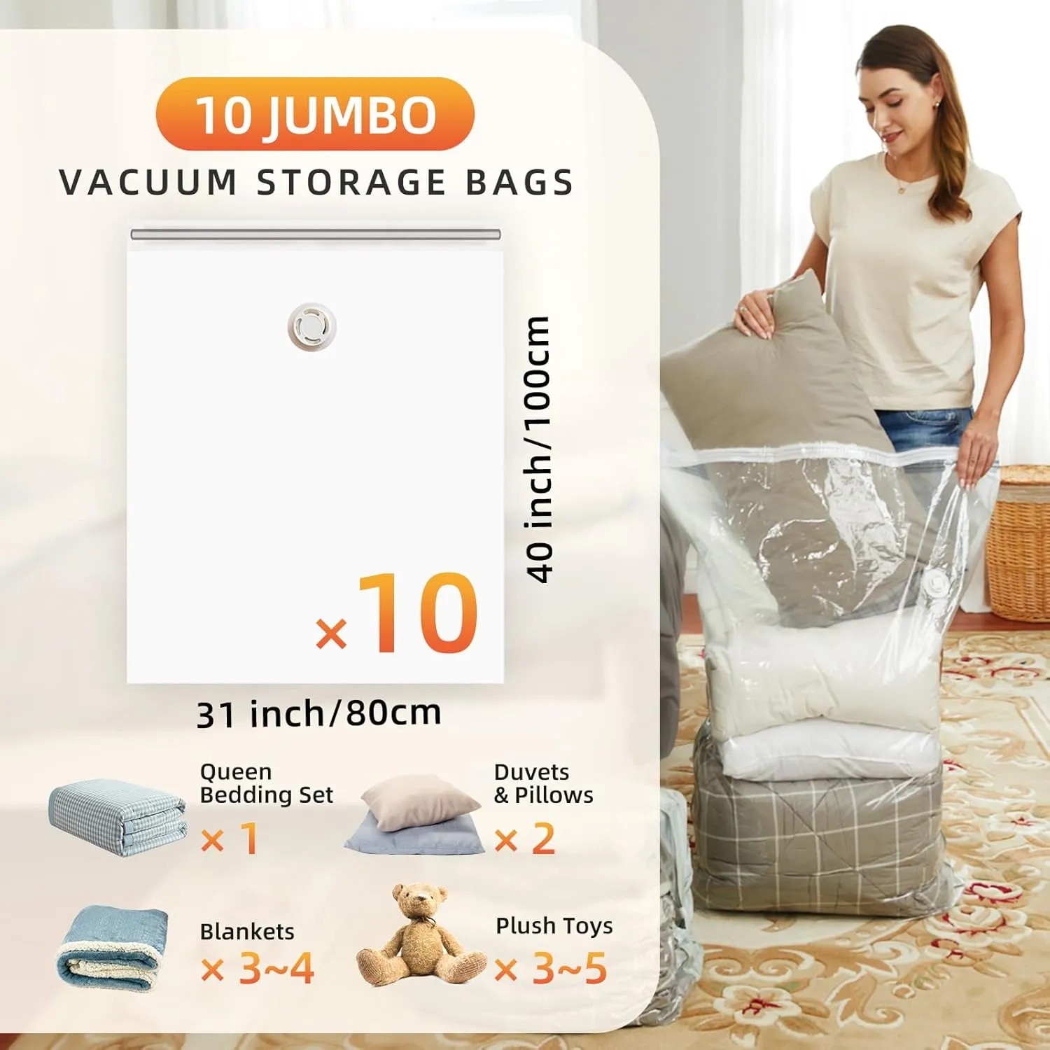 TAILI 10 Pack Vacuum Storage Bags, Jumbo Vacuum Seal Bags for Clothing (40x31 Inch), Space Saver for Bulky Bedding, Pillows, Blankets, Large Closet Organization and Storage
