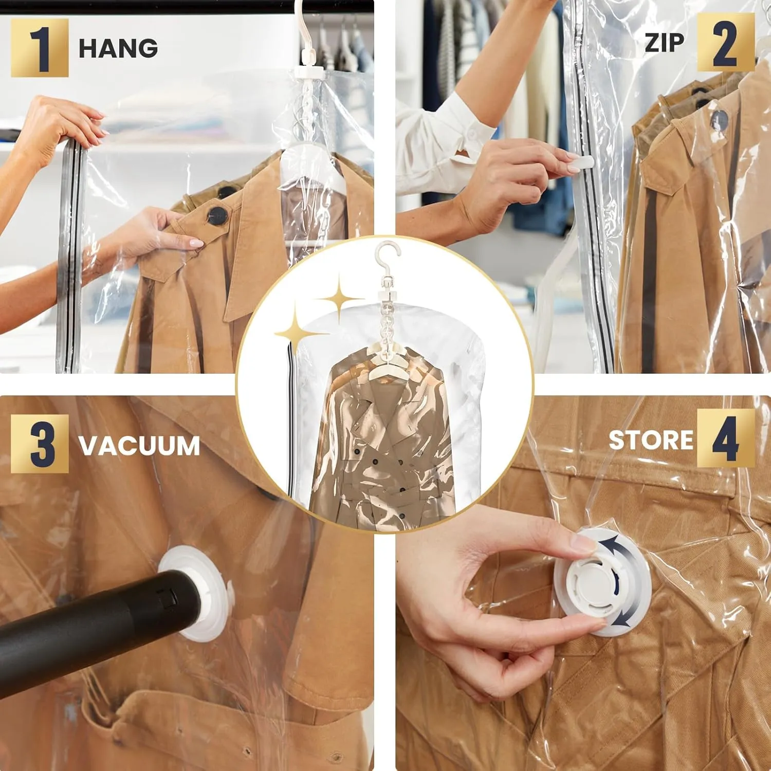 TAILI Hanging Vacuum Sealer Spave Saver Storage Bags for Clothes, Closet Organizers, Travel, (4 Pack Short) Clear
