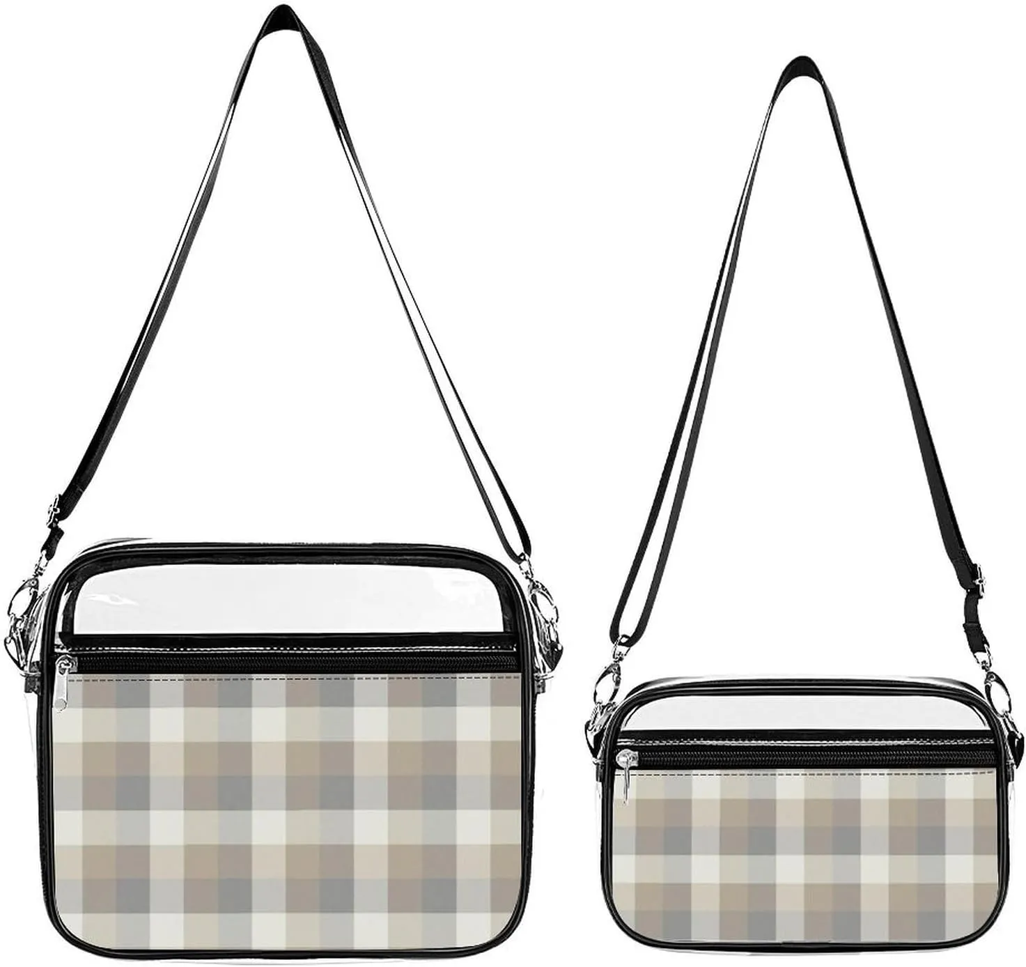 Tan Gray Ivory Neutral Rustic Plaid Transparent Cross Bag Two-piece Set