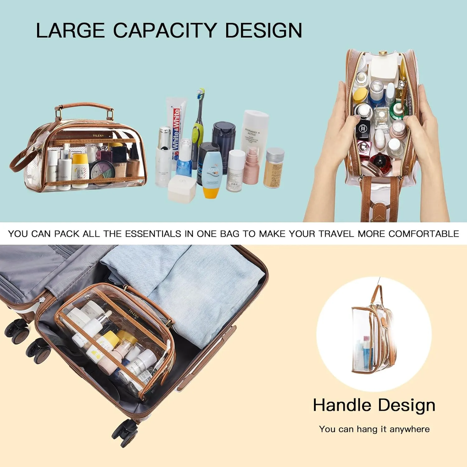 Telena Clear Toiletry Travel Cosmetic Bag - Makeup Organizer for Women Water Resistant Make Up Toiletries Bags Kit for Traveling