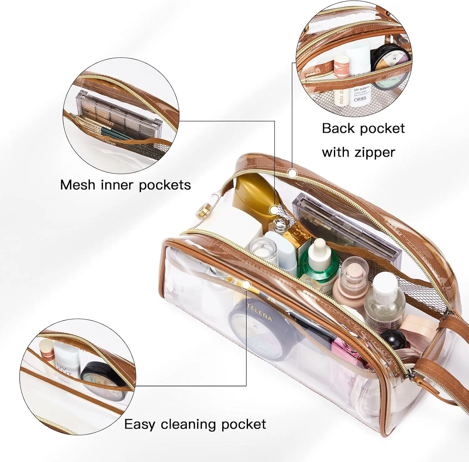 Telena Clear Toiletry Travel Cosmetic Bag - Makeup Organizer for Women Water Resistant Make Up Toiletries Bags Kit for Traveling