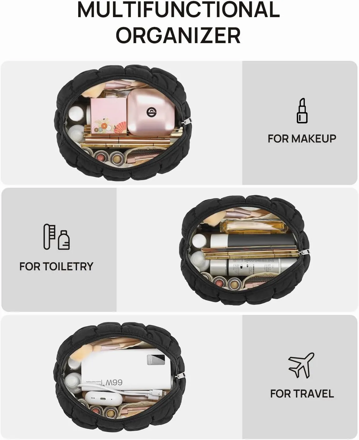 Telena Puffer Makeup Bags for Women, Nylon Puffy Padded Make Up Bags for Women Makeup Organizer Case, Wide-open Makeup Pouch Travel Essentials