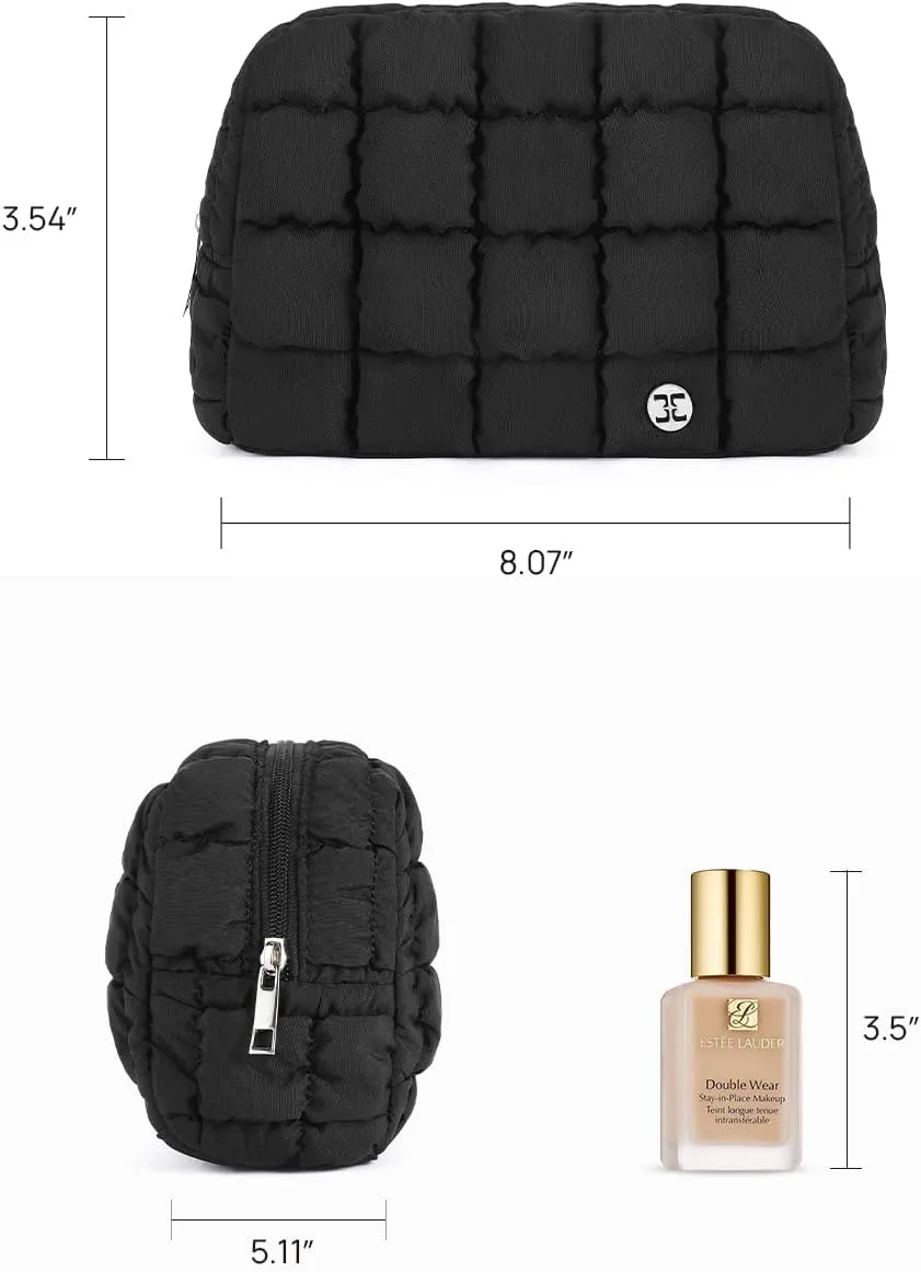 Telena Puffer Makeup Bags for Women, Nylon Puffy Padded Make Up Bags for Women Makeup Organizer Case, Wide-open Makeup Pouch Travel Essentials