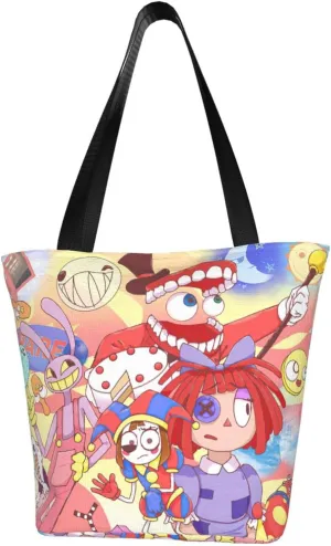 The Amazing Funny Digital Comedy Circus Reusable Grocery Bag for Kitchen Tote Bags for Women Shoulder Bag with Zipper Portable Daily Bag Large Capacity Shopping Handbag Storage Bags for Gym