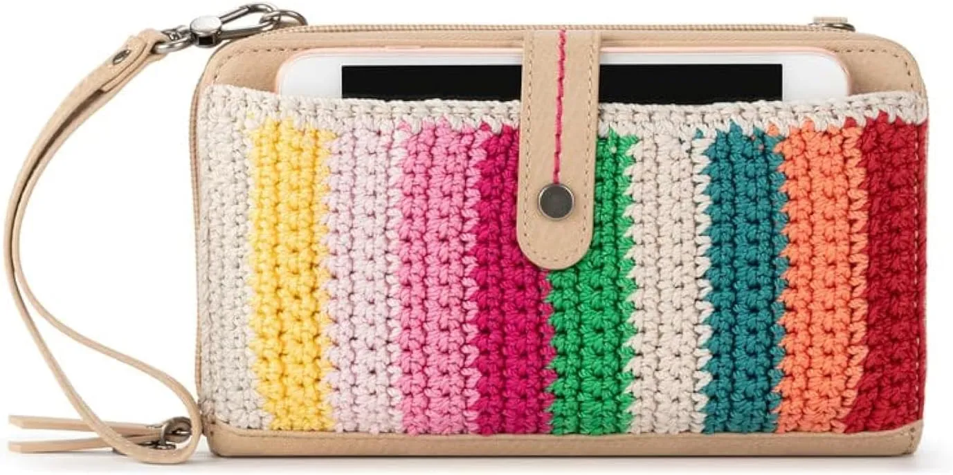 The Sak Iris Large Smartphone Crossbody Bag in Crochet and Faux Leather, Convertible Wristlet Purse Design, Beach Stripe